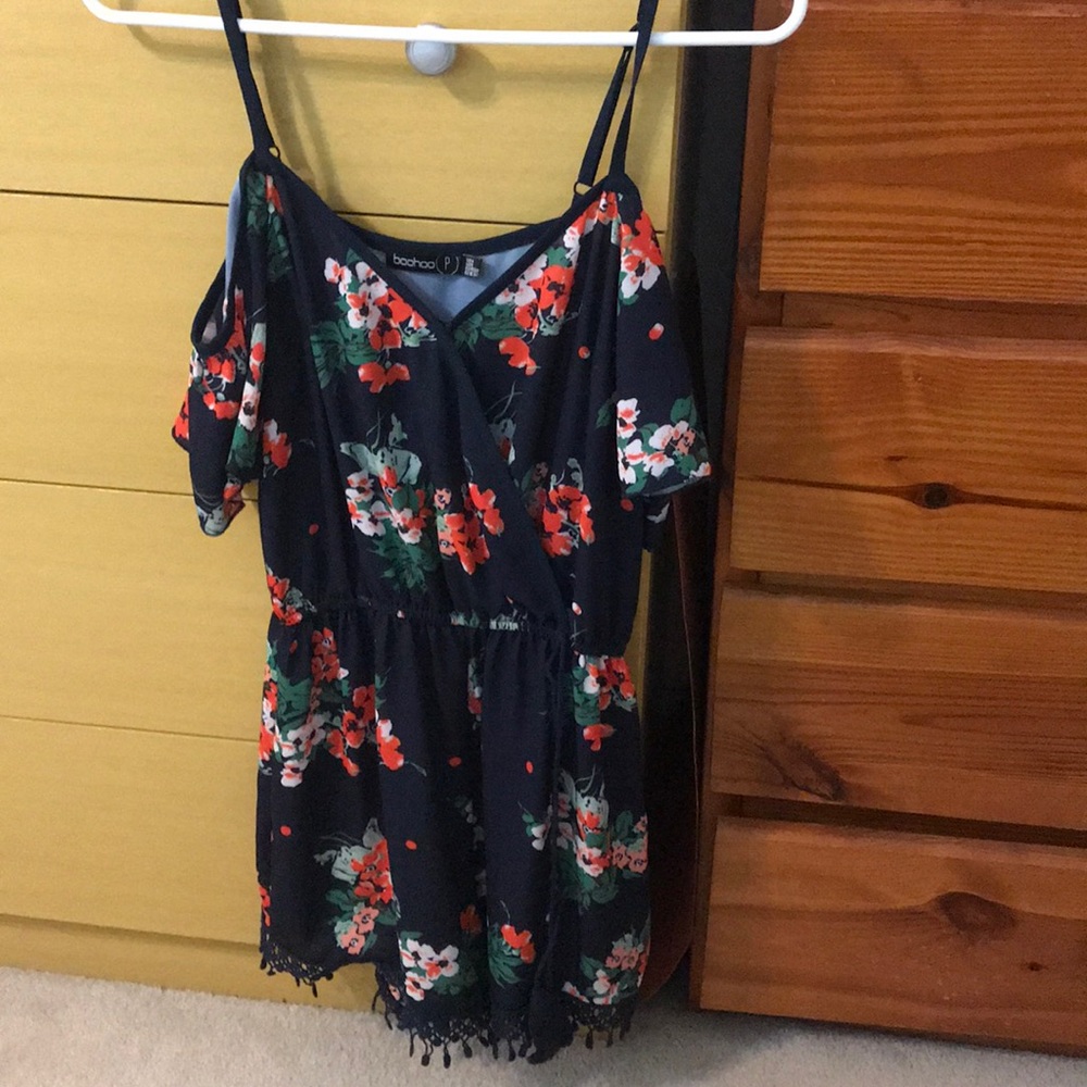 Navy floral off the shoulder romper with straps